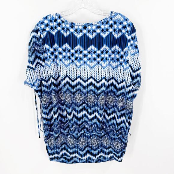 Alyx Blue Short Sleeve Cold Shoulder Geometric Pattern Pullover Blouse Size 1X - Picture 2 of 8